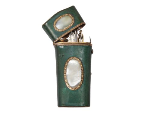 A George III gilt-brass mounted green leather etui, third quarter 18th century, of tapering form with with oval mother-of-pea