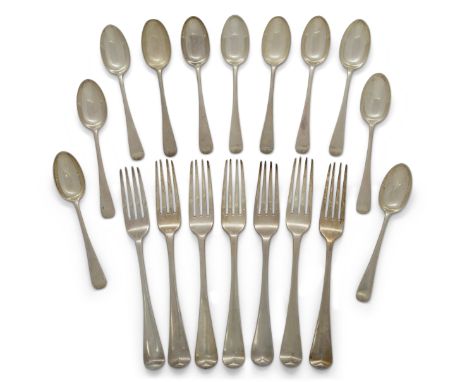 A group of silver flatware comprising: a George III provincial silver table fork, York, 1799, Hampston, Prince & Cattles, Han