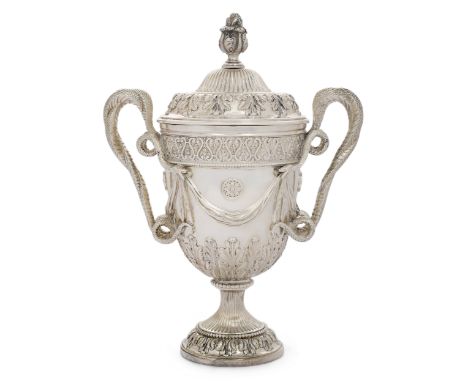 A Regency-style silver cup and cover with entwined twin serpent handles, Birmingham, 1922, Carrington & Co., the urn-shaped c