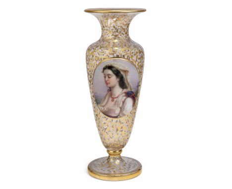 A large Bohemian glass vase, late 19th century, with flared rim above oval plaque hand-painted with a portrait of a young wom