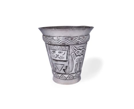 A Peruvian 'Inca design' vase, Lima, c.1950, the flared cylindrical body decorated with Inca patterns and symbols including s