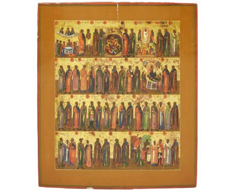 A Russian menological icon for the month of August, second half 19th century, tempera on wood panel, parcel gilded, arranged 