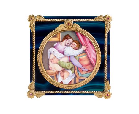 A Continental gold-mounted enamel plaque, late 19th century, depicting a couple in an amorous embrace, signed Paolo F., the f