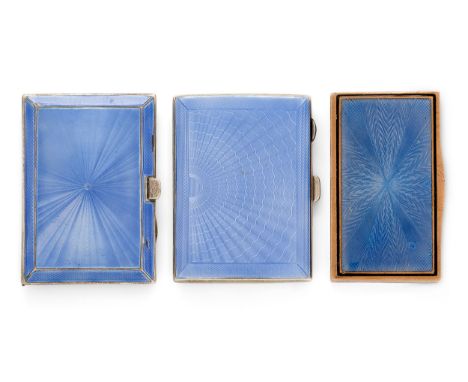 Two blue guilloche enamelled silver cigarette cases and a blue enamelled copper metal snuff box, the silver cigarette cases B