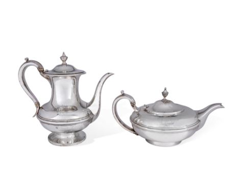 A William IV silver teapot and coffee pot, London, 1837, Joseph Angell I & John Angell I, of rounded form with moulded bandin