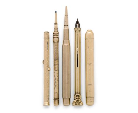 A collection of five Samson Mordan propelling pencils and pens, comprising: an 18ct gold propelling pencil, London, 1913, the
