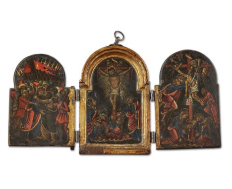 A Greek triptych travelling icon, 18th century, with break arch panels painted with four scenes from the last days of Christ,