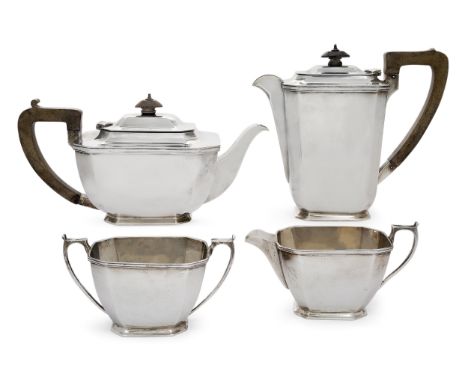 A George VI four piece silver tea set, Sheffield, 1942, Harrison Brothers &amp; Howson, of rectangular form with canted corne