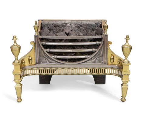 An English steel and brass fire-grate, of Adam style, late 20th century, the standards with urn shaped finials joined by a pi