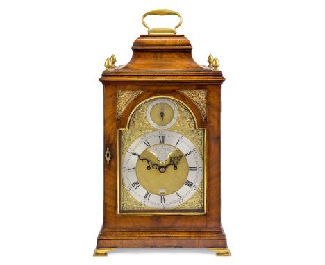 A George III mahogany repeating table clock, John Lambert, last quarter 18th century, the case with inverted bell top surmoun