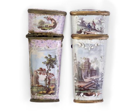 Two George III Staffordshire gilt-brass mounted enamel etui, third quarter 18th century, comprising: a pink ground example wi