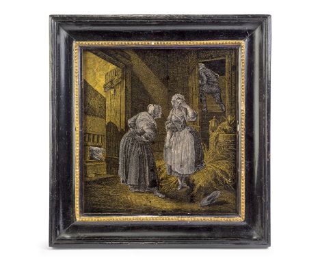 A Dutch verre églomisé picture, by Jonas Zeuner, Dutch, 1727-1814, c.1790, depicting a country scene of a farmer’s wife disco