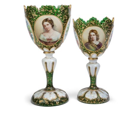 Two Bohemian green glass vases, late 19th century, both of similar chalice form with petal-cut rims, with hand-painted oval p