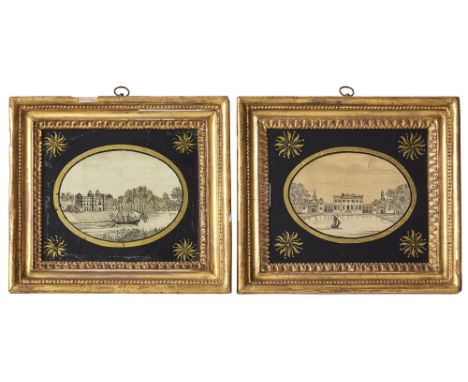 Two Regency silk and hair embroidered pictures, first quarter 19th century, each of oval form worked with black hair on a sil