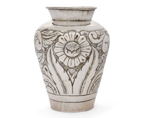 A Peruvian 'sunflower design' vase, Lima, c.1950, stamped 'esterlina', the tapering body designed with scrolling foliate and 