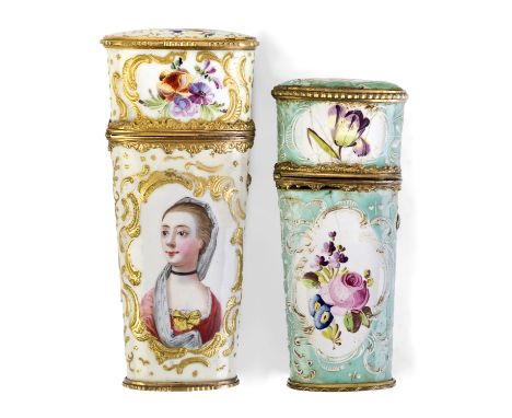 Two George III Staffordshire gilt-brass mounted enamel etui, third quarter 18th century, comprising: a cream ground example w