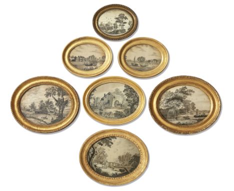 A group of seven Regency silk and hair embroidered pictures, early 19th century, depicting various country scenes, to include
