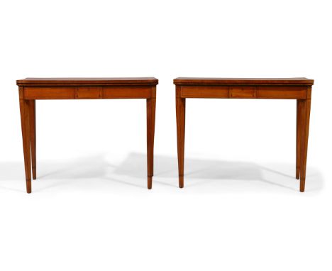 A pair of George III satinwood and inlaid card tables, probably Scottish, last quarter 18th century, D-shaped tops opening to
