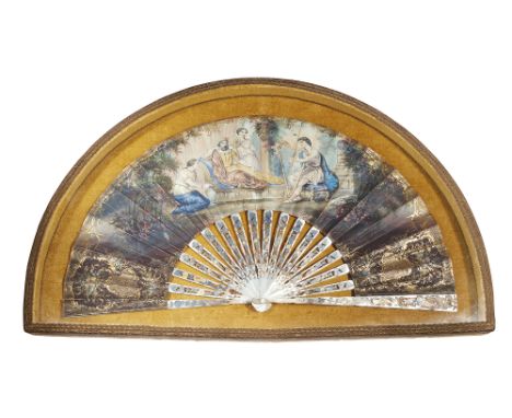 A French mother-of-pearl fan, second half 18th century, the sticks applied with gilded white metal openwork floral decoration