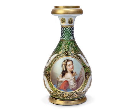 A Bohemian green glass vase, late 19th century, with two oval plaques hand-painted with blossoming flowers and a portrait of 