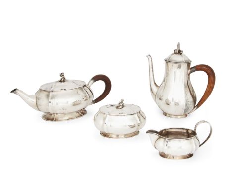 An Art Deco three piece tea set by Baltensperger, c.1930, stamped 925, together with a matched coffee pot by the same maker, 