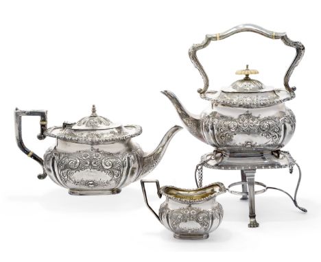 A matched silver tea kettle, teapot and milk jug, the teapot and jug Sheffield, 1899, John Gallimore, the kettle Sheffield, 1