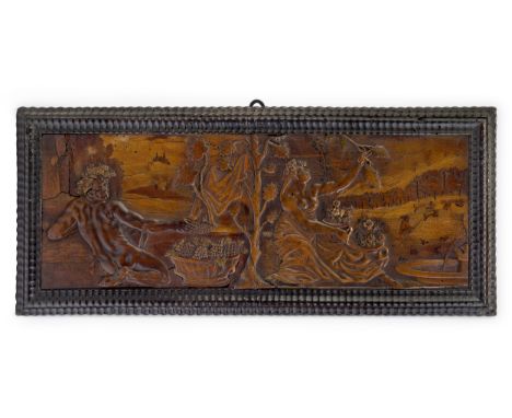 A carved soft and fruit wood intarsia relief of Bacchus and Ceres, Eger Workshops, possibly Adam Eck (1604-1664) or Johann Ge