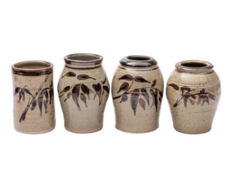 *Jeremy Leach [b.1941] four stoneware vases two of oviform and one cylindrical example each with brushwork foliate decoration