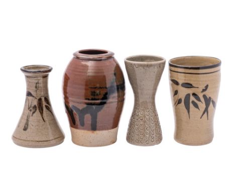 *Jeremy Leach [b.1941] four stoneware vases: of various forms two with brushwork foliate decoration, one under tenmoku glazes