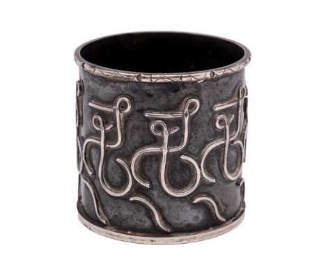 Circa 1950 Polish Handmade Modernist Silver. a cylindrical pot  by ORNO with relief symbol decoration similar to  ' PW' polsk