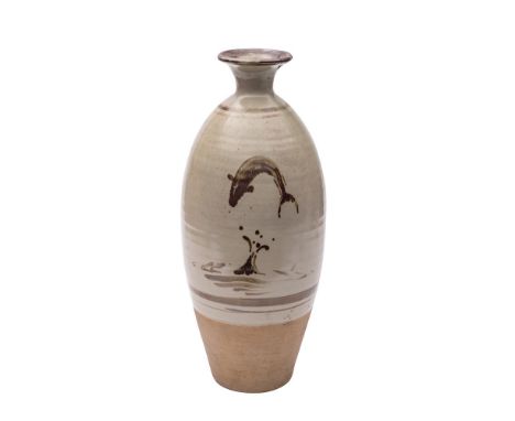 *Bernard Leach [1887-1979] a stoneware vase of slender oviform with short flaring neck three quarter glaze in ivory tones and