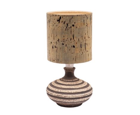 *Waistel Cooper [1921-2003] a stoneware lamp, the squat body with horizontal ribbing under textured brown bands, with origina