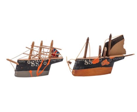 *John Maltby [1936-2020] two mixed media wooden half block models of boats one captioned Hero and the other Horatio, one sign