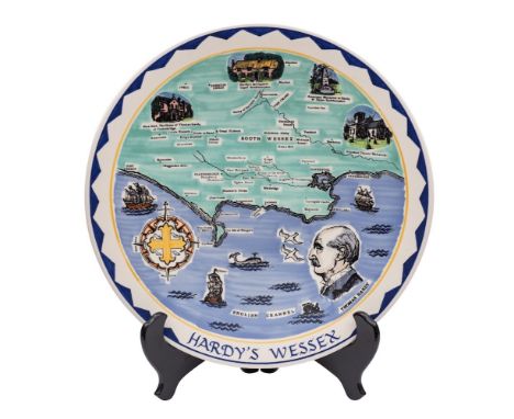 A Poole Pottery Hardy's Wessex charger decorated with a map, local views and a profile portrait, printed marks and numbered 1