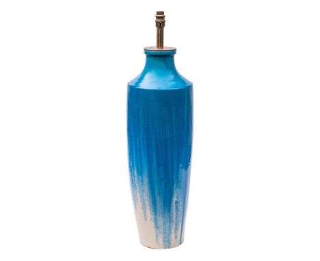 A white stoneware lamp, by an unknown hand and of shouldered cylindrical form decorated with streaked turquoise glazes and wi