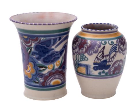 Two Poole pottery vases, one of trumpet shaped form decorated in the Bluebird pattern by Marian Heath, the companion of ovifo