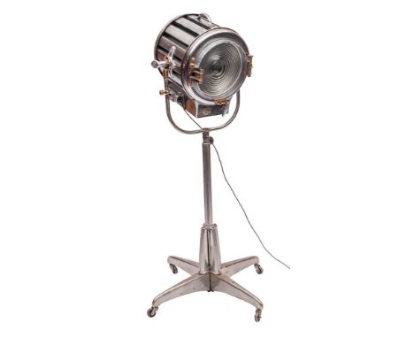 A Mole Richardson chromium plated metal and brass mounted theatre 'solar' spot light, circa 1940 and later adapted for domest