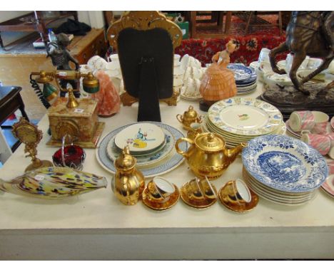 A qty of misc. china inc. an Onyx telephone, 1960's glass fish and a clock