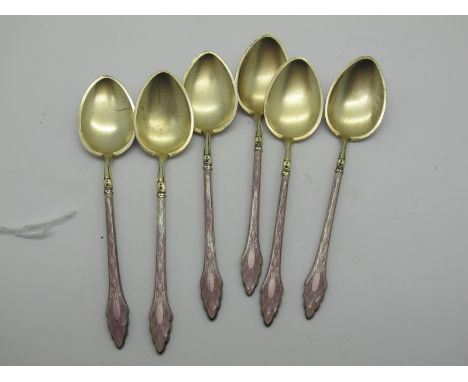 A Set of Six Decorative Hallmarked Silver and Mauve Enamel Coffee Spoons, Henry James Hulbert, (import marks for) London 1916