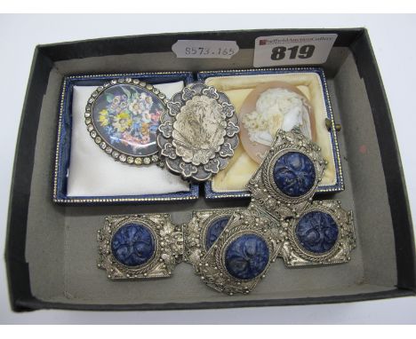 A XIX Century Oval Shell Carved Cameo, (unmounted); an oval panel pendant within colourless paste border; an Aesthetic brooch