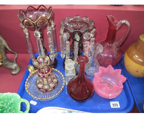 Two XIX Century Ruby Overlaid Glass Lustres, cranberry glass ewer, Bohemian style vase with flora painted panels, ruby glass 