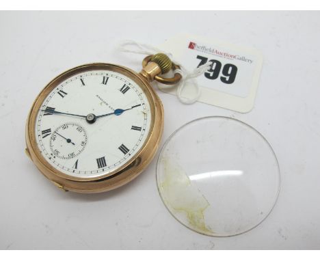 English Lever A 9ct Gold Cased Openface Pocketwatch, the white dial with black Roman numerals and seconds subsidiary dial, th
