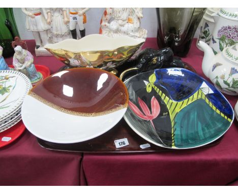 A Mid XX Century Stavangerflint (Norway) Handpainted Stylised Wall Plate, a Poole 'Contrast' flared bowl, a deer wall pocket 