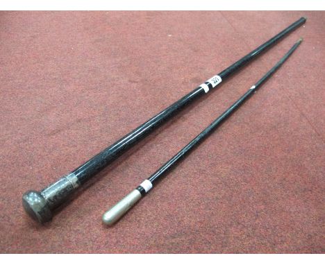 Ebonised Swagger Stick, with  church brigade handle and ebonised gentleman's cane with silver handle. (2)