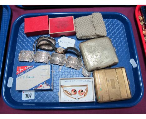 A Hallmarked Silver Vesta Case, leaf scroll engraved; an engine turned cigarette case, another example leaf engraved, boxed v