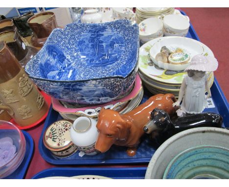 Beswick Dachshund Dog and One Other, Nao figurine, Worcester, Wedgwood and other plates, Fenton bowl etc:- One Tray