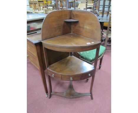 XIX Century Mahogany Corner Washstand, with small upper shelf, single drawer flanked by dummy drawers on splayed feet, later 