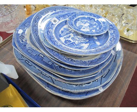 Blue and White Willow Pattern Pottery Plates, including Durslem, Burleigh, Stone. (11)