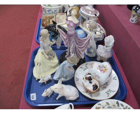 Beswick Pig and Two Piglets, Royal Doulton Terrier in Basket HN 2587, Nao and other figurines:- One Tray