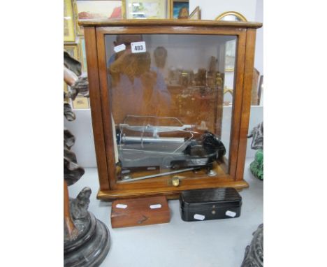 Russian Balance Scales in Display Case, Oertling, and other weights.